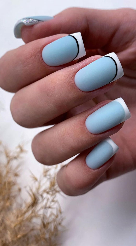 french white tip nails, baby blue with French white tip nails, french nail tips, french tip nails designs, blue nails with white tips