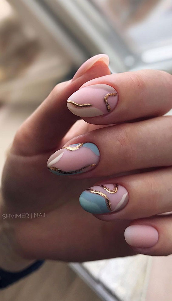 Most Beautiful Nail Designs You Will Love To wear In 2021 : Gold, Mint and Pink Abstract Nails
