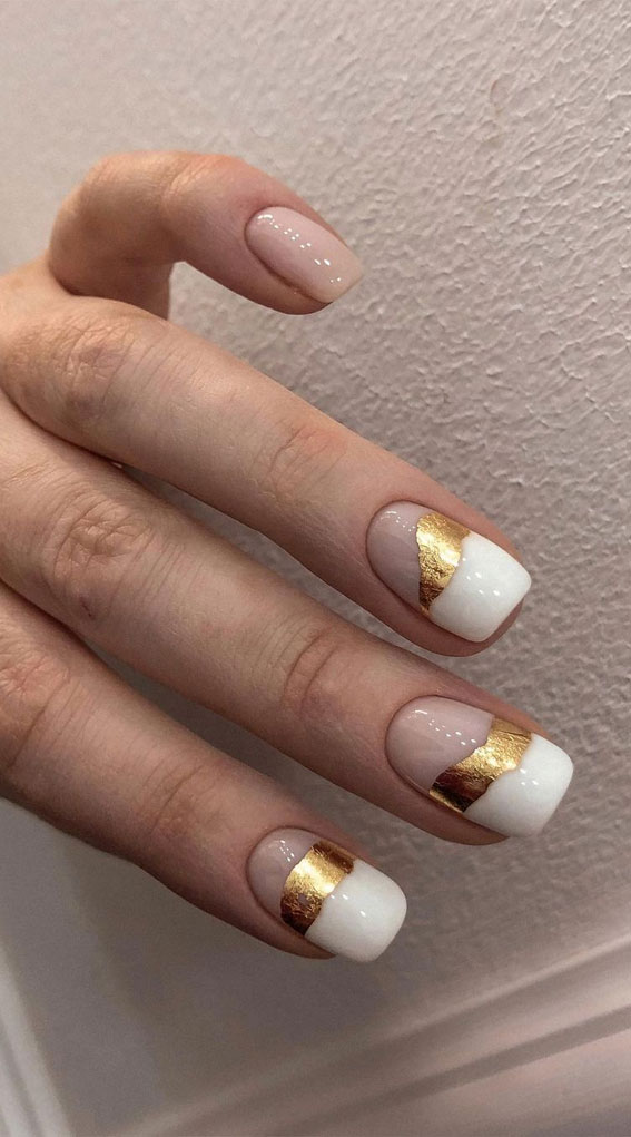 Most Beautiful Nail Designs You Will Love To wear In 2021 : Gold foil and white Nails