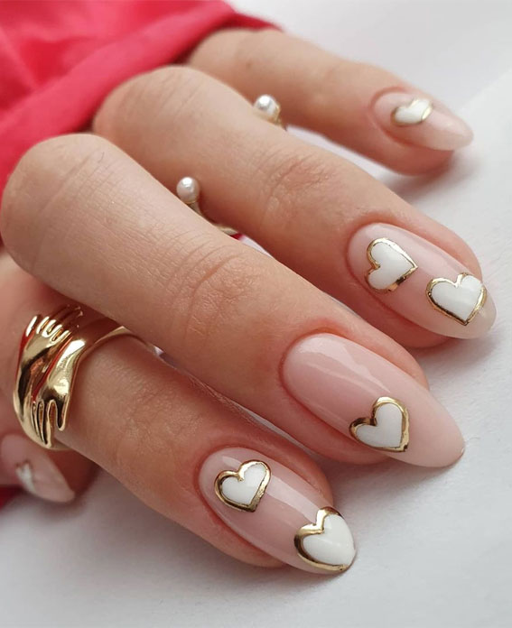 white heart with gold nails, nail trends 2021, pretty nails, nail art designs, nail design ideas, neutral nails, white and gold nails