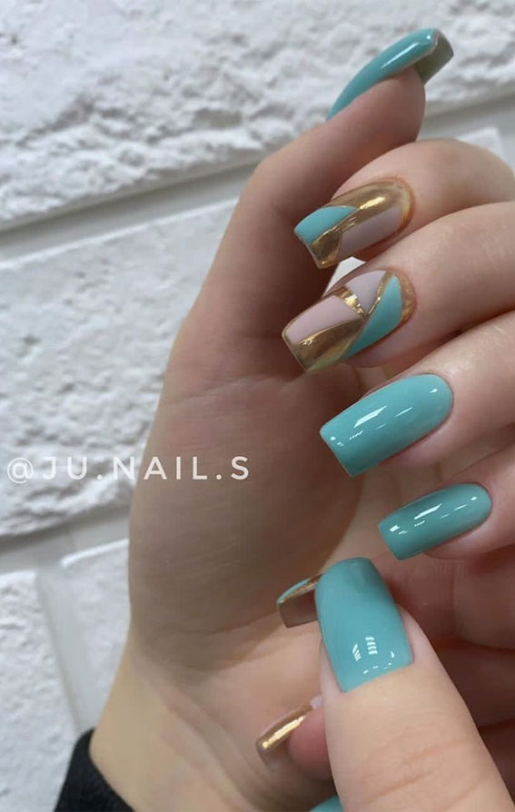 abstract green nails, green nails with, green nails, two tone nails, teal nail colors, nail art designs , nail designs 2021 #naildesigns nail design ideas 2021