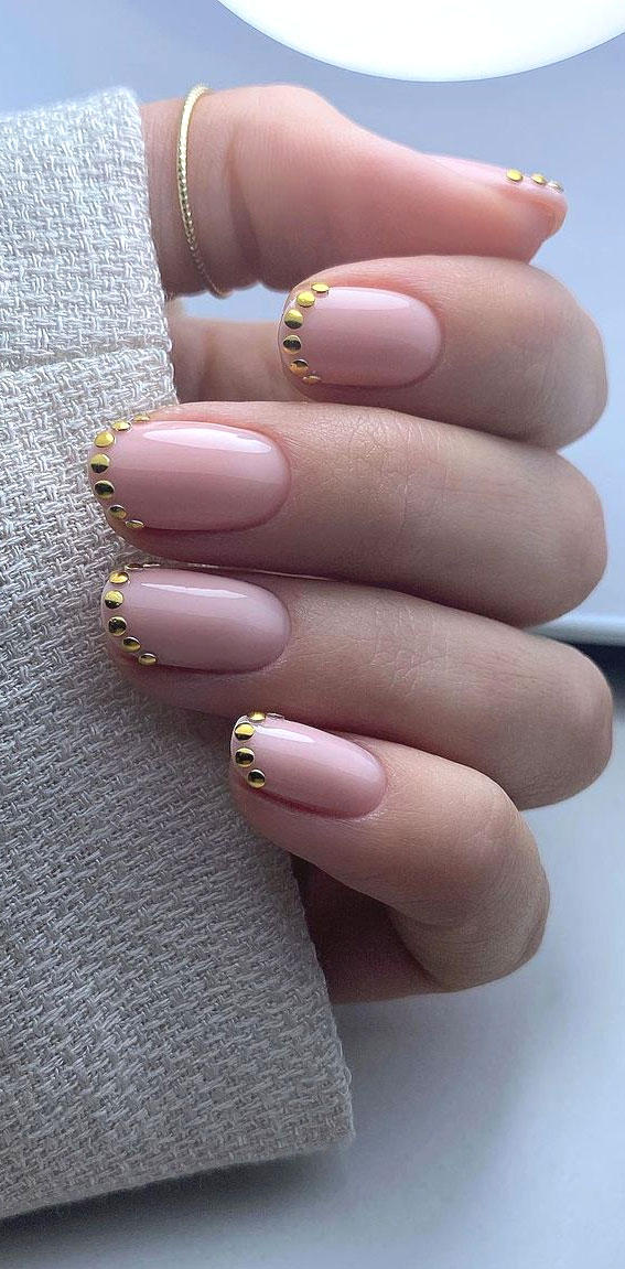 Most Beautiful Nail Designs You Will Love To wear In 2021 : Dotty gold on milky nude nails