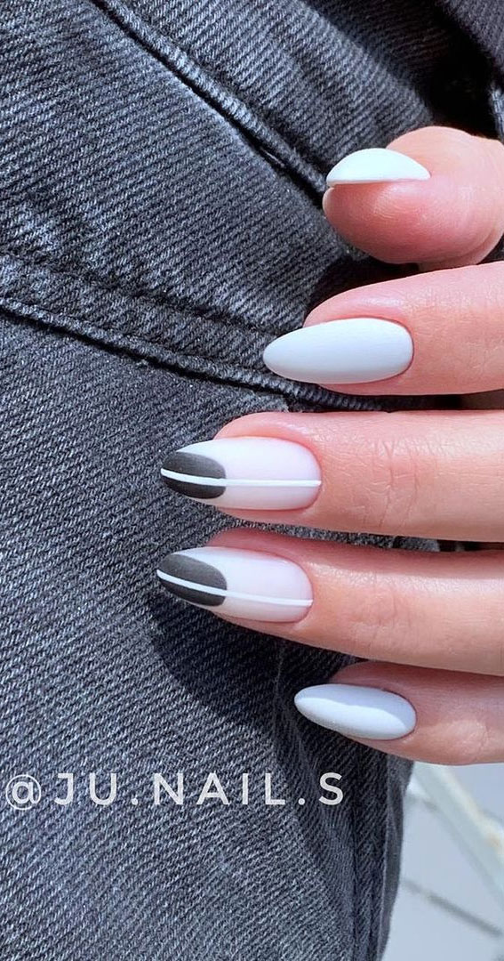 black and white french nails, french white tips, modern french nail tips, nails tip ideas, nail trends 2021
