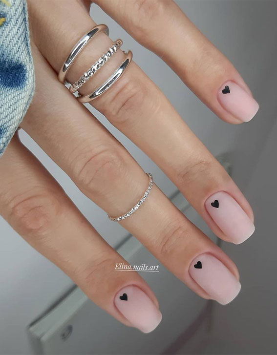 Beautiful Valentine’s Day Nails 2021 : Black Love Heart on Nude Nails