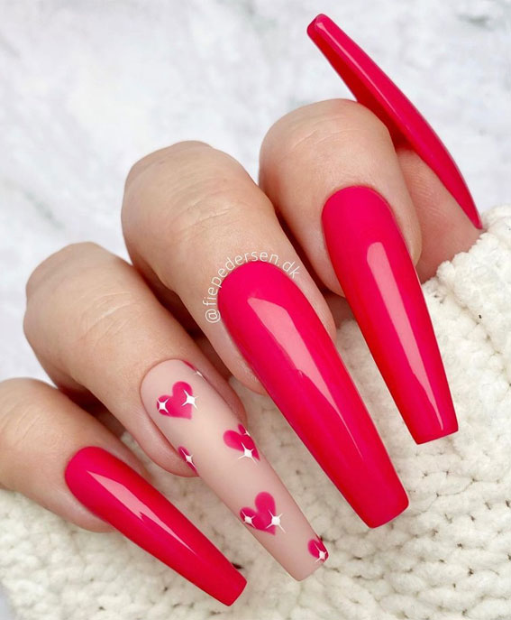 hot pink and nude valentines nails, pink and nude valentine's day nails, hot pink nails, love heart nude nails, love heart nude valentines nails , valentines nails 2021, valentine's day nails 2021