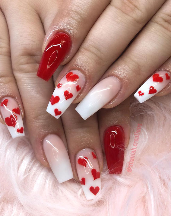 love heart ombre nails, mix and match love heart ombre nude and red nails, red valentines nails, red and ombre valentine's day nails, valentine's day nails, valentines nails