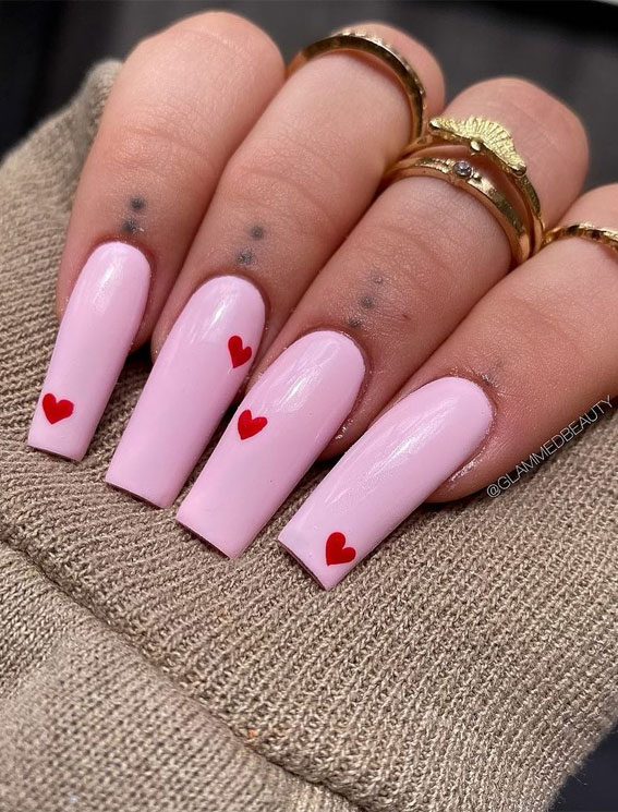 red love heart on pink coffin nails , pink coffin nails, simple pink nail art designs, simple pink coffin nails, nail trends 2021, minimalist pink nails, simple pink valentine nails