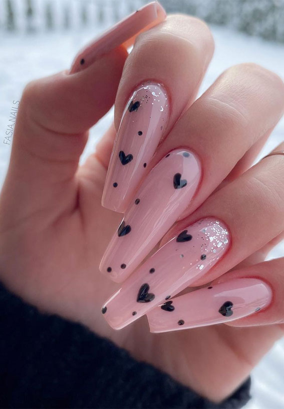 Beautiful Valentine's Day Nails 2021 : Black Love Heart Coffin Nails