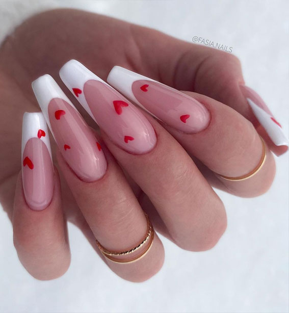 white tip french nails, red heart whit tips, red love heart white nail tips, love heart coffin love nails, white tip coffin long nails
