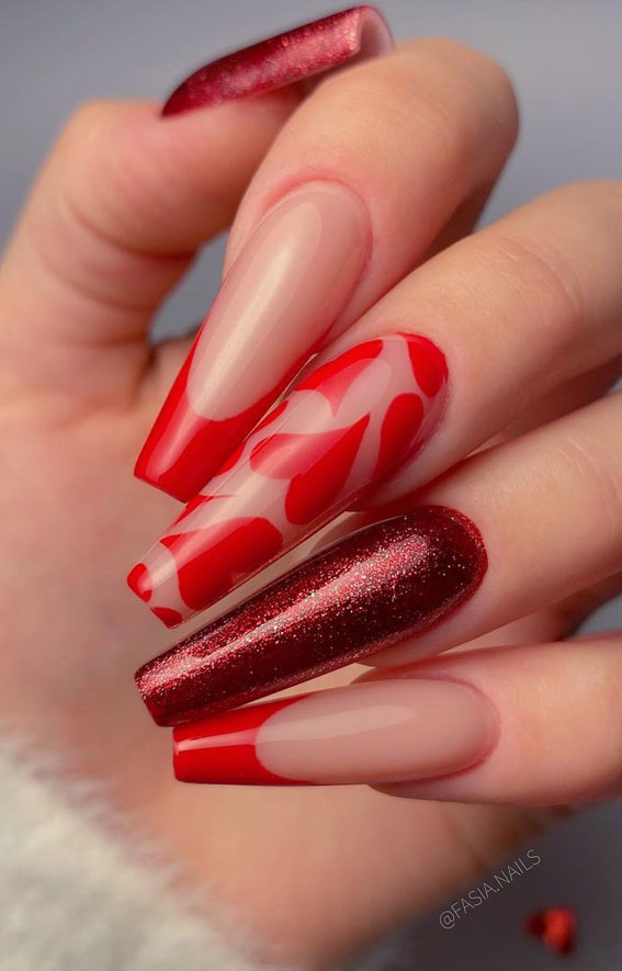 Beautiful Valentine’s Day Nails 2021 : Red Heart Red Tip & Glitter Red Nails