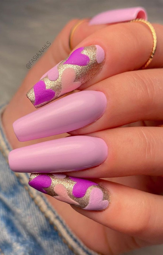 lilac valentine nails, lilac love heart nails, coffin long nails, lilac love heart silver nails, valentines nails 2021, valentine's day nails 2021