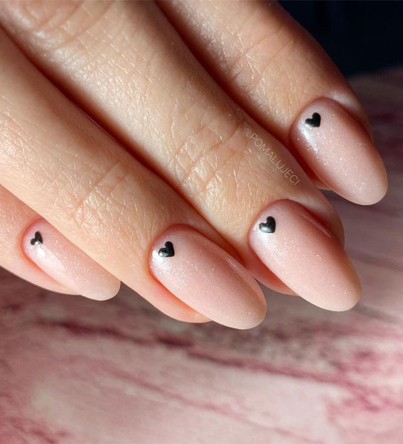 Beautiful Valentine’s Day Nails 2021 : Small black love heart nude nails