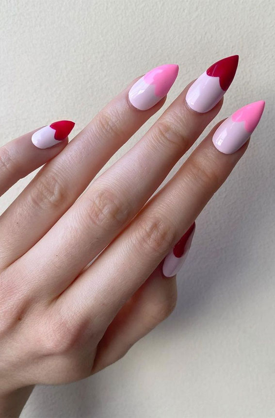 Beautiful Valentine’s Day Nails 2021 : Red and pink heart tips