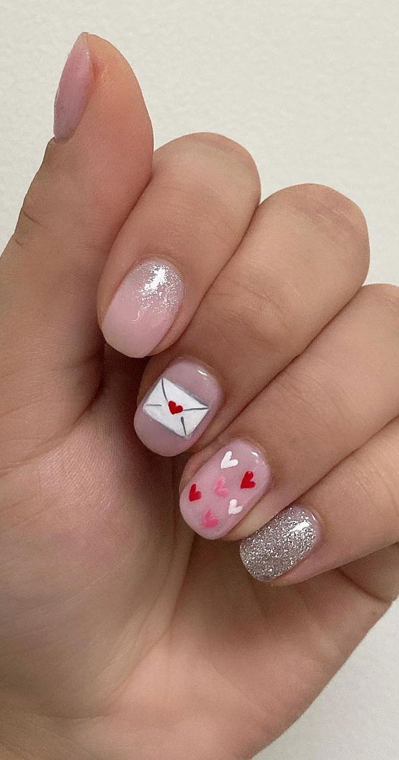 love letter valentines nails, pink and red love heart nails, love letter nail ideas