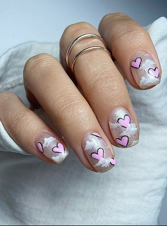 Beautiful Valentine’s Day Nails 2021 : Cloud & Pink Love Heart Nails