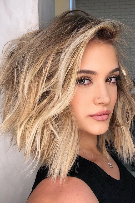 Best Hair Colours To Look Younger : Multi Shades Of Blonde lob hair cut
