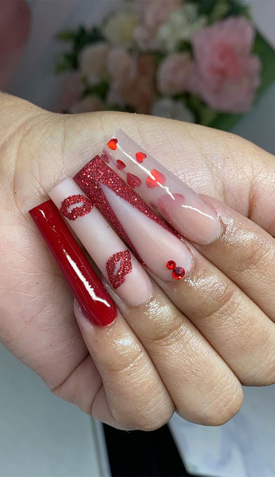 Beautiful Valentine’s Day Nails 2021 : Glitter Red Mix and Match Nails