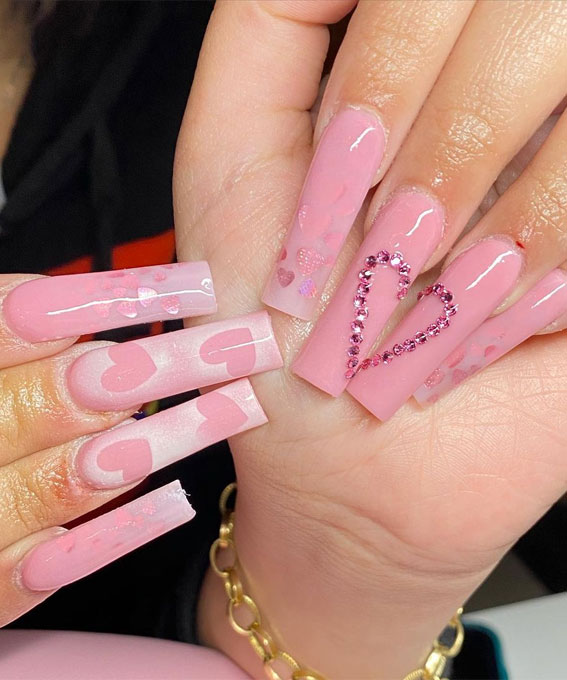 pink valentine's day nails, pink valentines nails, pink heart nails, valentines nails coffin