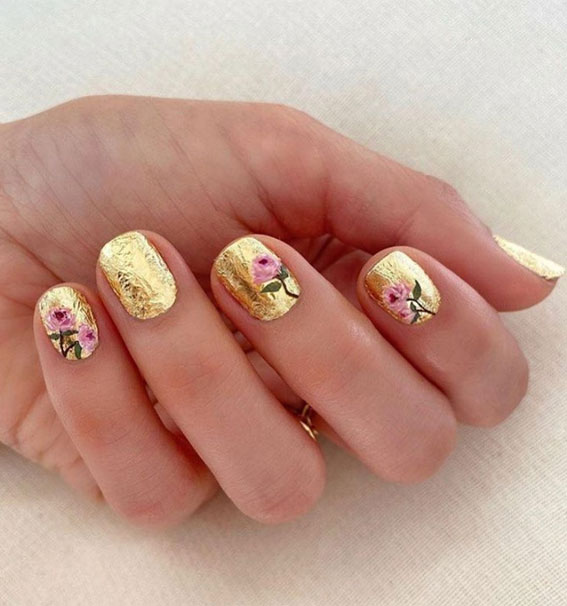 Most Beautiful Nail Designs You Will Love To wear In 2021 : Hand painted floral & gold textured