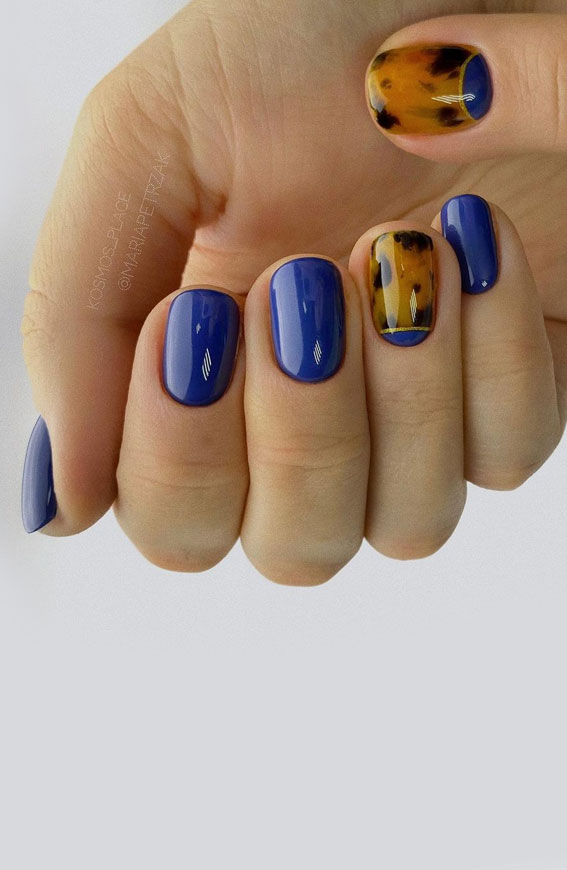 Most Beautiful Nail Designs You Will Love To wear In 2021 : Blue nails & tortoise shell nails