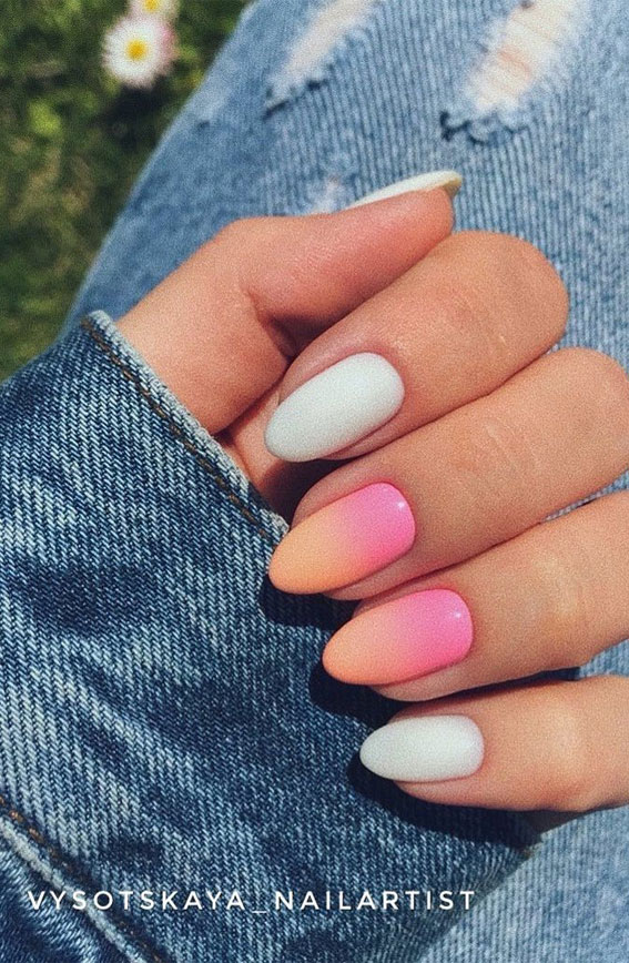 ombre pink nails, white and ombre pink nails