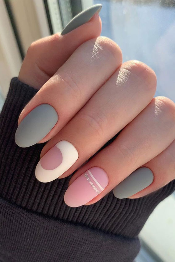 Most Beautiful Nail Designs You Will Love To wear In 2021 : Matte grey and pink nails