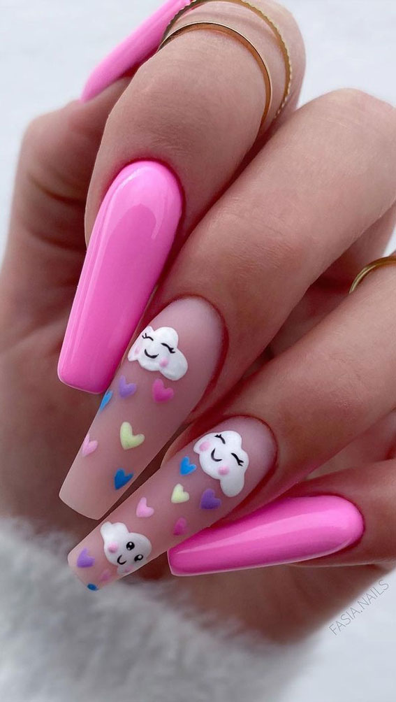 Most Beautiful Nail Designs You Will Love To wear In 2021 : Bright pink and cloud nails