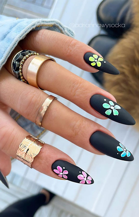 black nail art designs, black nails with floral, floral black nails, spring nails art designs