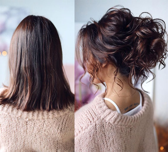 Before and After Gorgeous Updos For Every Hair Type and Length : Messy Updo for Shoulder Hair