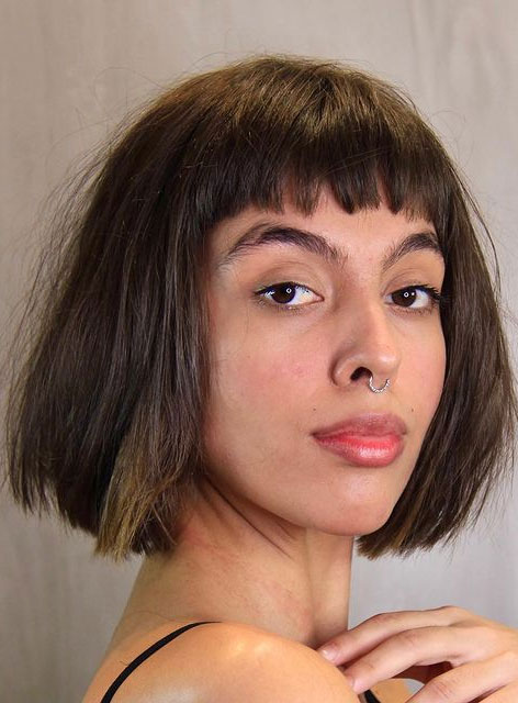 Best haircuts & Hairstyles To Try in 2021 : Brunette bob haircut with baby bangs