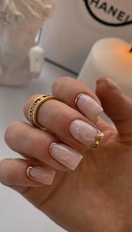 These Will Be the Most Popular Nail Art Designs of 2021 : Matte nude nails with gold details