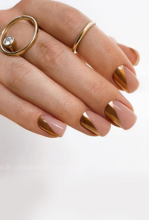 Most Beautiful Nail Designs You Will Love To wear In 2021 : Half nude half gold minimalist nails