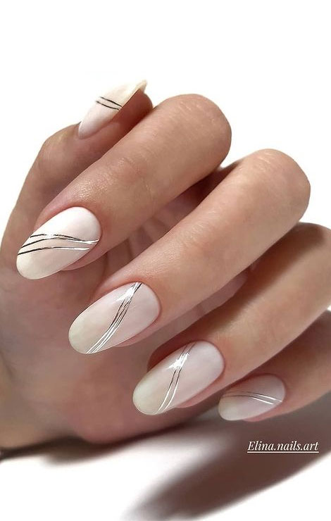 milky nails with silver details, milky nails, soft pink nails, pink nail art designs, romantic nail art designs, wedding nails, bridal nails, pink nails with glitter