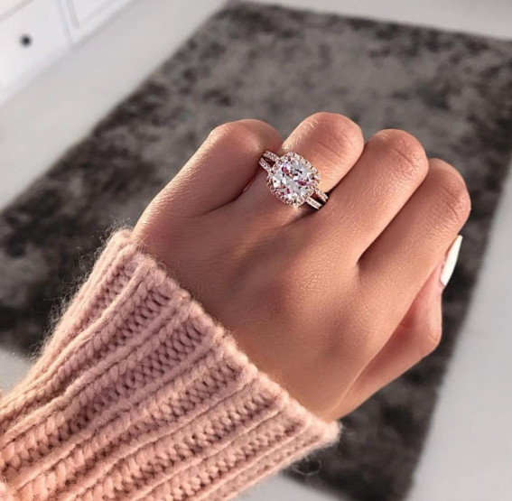 Utterly Beautiful Engagement Rings You’ll Want To Own : Rose Gold Halo Cushion