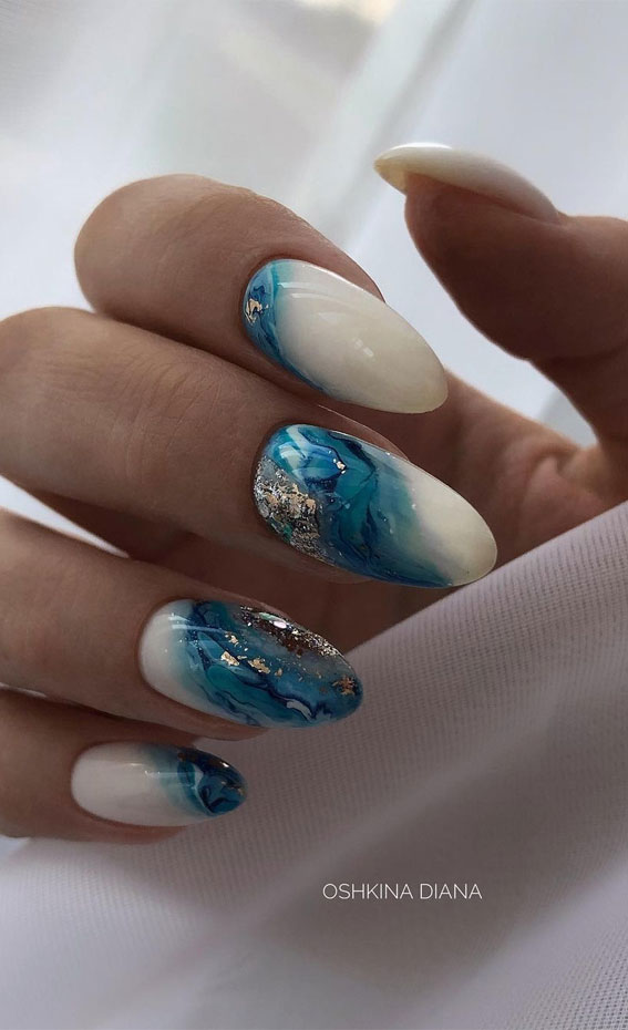 These Will Be the Most Popular Nail Art Designs of 2021 : Blue marble with gold nails
