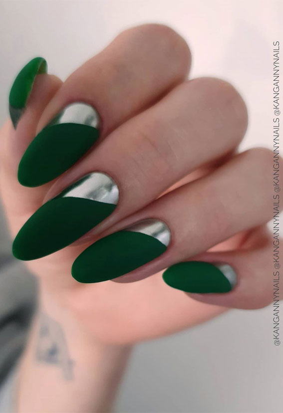 green and silver chrome nails, nail art designs, nail art design ideas, green nails, dark green nails