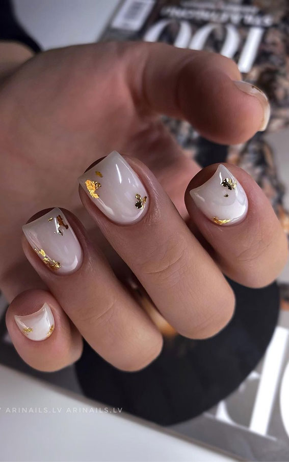 Cute Spring Nails That Will Never Go Out Of Style : Milky nails with gold  foil accent design