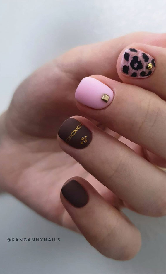 pink and leopard nails, mix and match brown and pink nails, two tone nails, cheetah pink nails, pink cheetah nails, brown and pink nails