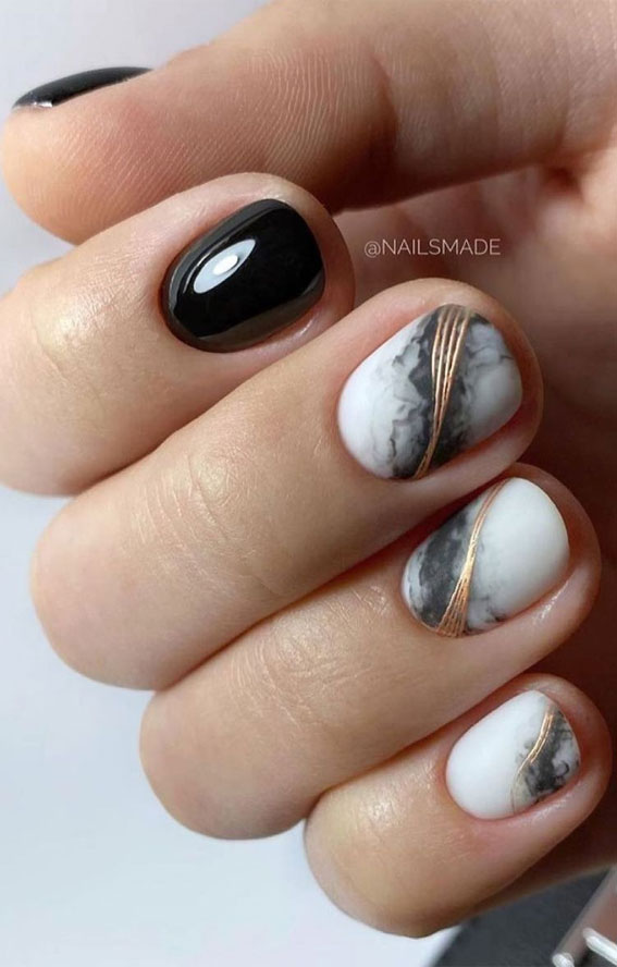 These Will Be the Most Popular Nail Art Designs of 2021 :  Black, Marble and gold line nails