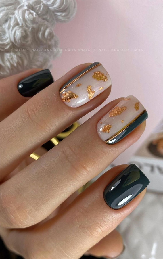 These Will Be the Most Popular Nail Art Designs of 2021 : Dark green and gold leaf nails