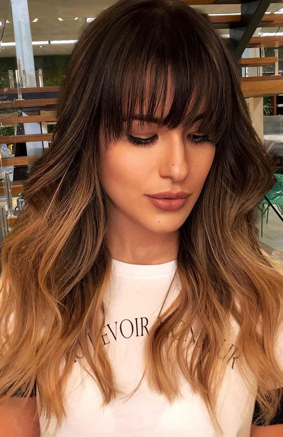 70 Hottest Brown Hair Colour Shades For Stunning Look : Bangs & Dark hair  with lightened brunette
