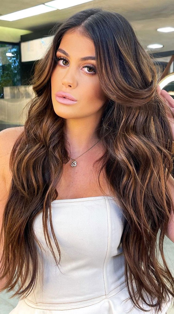 70 Hottest Brown Hair Colour Shades For Stunning Look : Dark Brown with Caramel  Blonde highlights