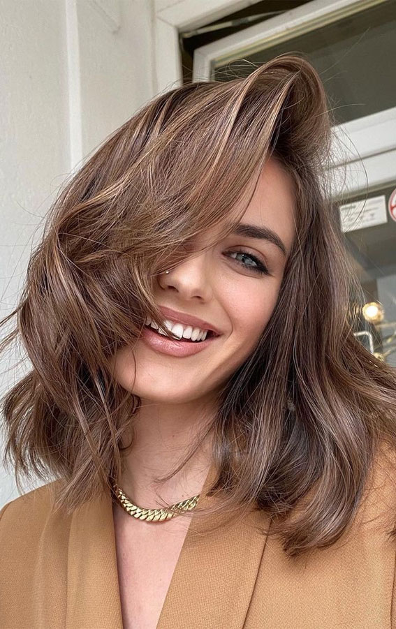 70 Hottest Brown Hair Colour Shades For Stunning Look : lob haircut with mushroom brown