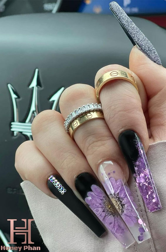 black and purple sunflower nails, flower nails, black coffin nails, mix and match design nails, mismatched nail art designs summer, summer nail art ideas, butterfly nails, ombre nails, nail art designs, spring nails, butterfly nail art designs, coffin nails, acrylic long nails