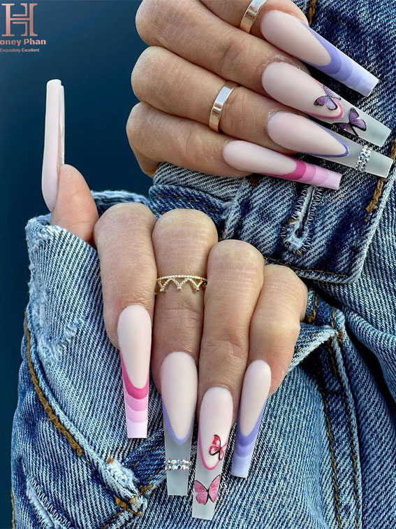 These Will Be the Most Popular Nail Art Designs of 2021 : Long coffin French tips with butterflies