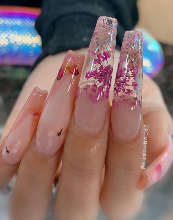 These Will Be the Most Popular Nail Art Designs of 2021 : Blush pink butterfly & flower glam nails