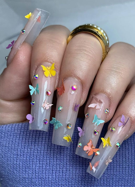 These Will Be the Most Popular Nail Art Designs of 2021 : Colourful 3D butterfly ombre nails