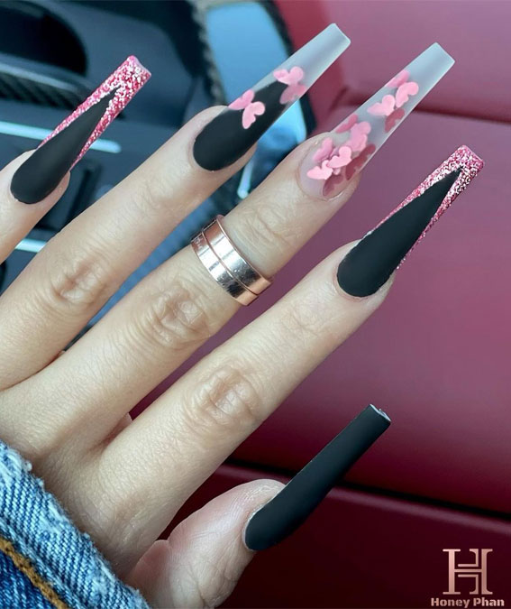 black and rose gold nails, glam nails, coffin long nails, acrylic long nails, coffin long nails, mix and match summer nails, butterfly nails, glam long nails, coffin nails with butterfly, rose gold and black long nails
