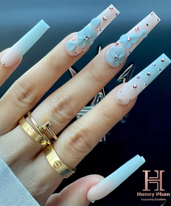 ombre blue nails, glam nails, coffin long nails, acrylic long nails, coffin long nails, mix and match summer nails, butterfly nails, glam long nails, coffin nails with butterfly, ombre blue long nails