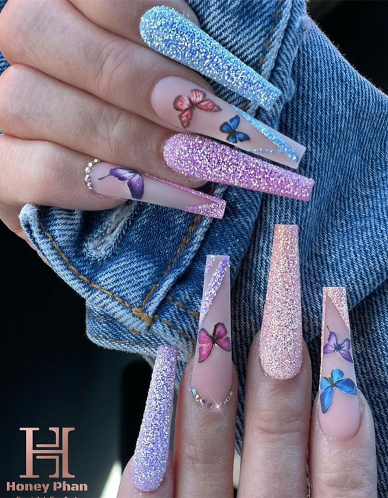 mix and match design nails, mismatched nail art designs summer, summer nail art ideas, butterfly nails, ombre nails, nail art designs, spring nails, butterfly nail art designs, coffin nails, acrylic long nails
